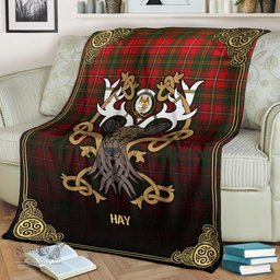 Scottish Hay Modern Tartan Crest With Celtic Stag Premium Blanket - Tartan Plaid Blankets Scottish Plaid Tartan Plaid - ScotsTee - scotstee.com