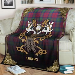 Scottish Lindsay Ancient Tartan Crest With Celtic Stag Premium Blanket - Tartan Plaid Blankets Scottish Plaid Tartan Plaid - ScotsTee - scotstee.com