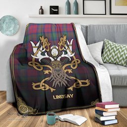 Scottish Lindsay Ancient Tartan Crest With Celtic Stag Premium Blanket - Tartan Plaid Blankets Scottish Plaid Tartan Plaid - ScotsTee - scotstee.com
