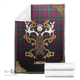 Scottish Lindsay Ancient Tartan Crest With Celtic Stag Premium Blanket - Tartan Plaid Blankets Scottish Plaid Tartan Plaid - ScotsTee - scotstee.com