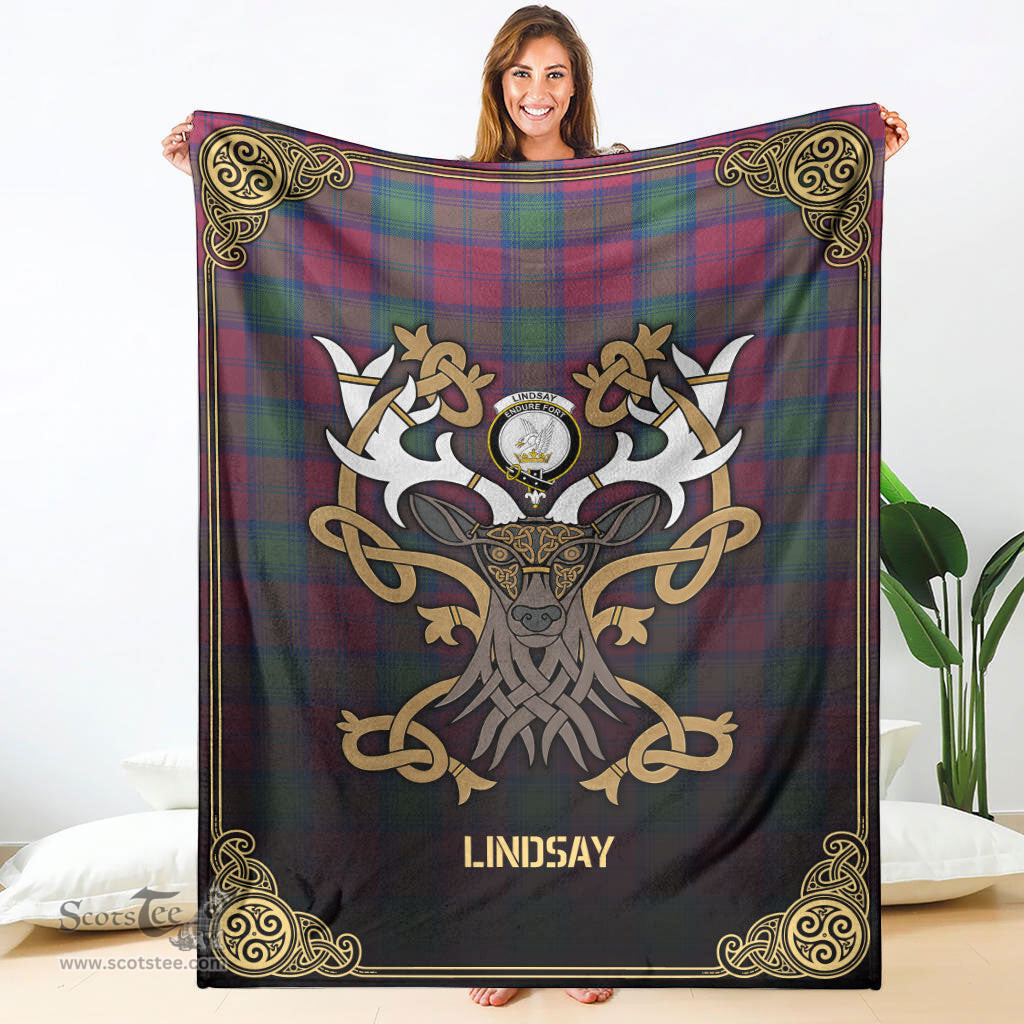 Scottish Lindsay Ancient Tartan Crest With Celtic Stag Premium Blanket - Tartan Plaid Blankets Scottish Plaid Tartan Plaid - ScotsTee - scotstee.com