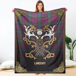Scottish Lindsay Ancient Tartan Crest With Celtic Stag Premium Blanket - Tartan Plaid Blankets Scottish Plaid Tartan Plaid - ScotsTee - scotstee.com