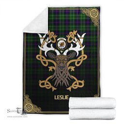 Scottish Leslie Hunting Tartan Crest With Celtic Stag Premium Blanket - Tartan Plaid Blankets Scottish Plaid Tartan Plaid - ScotsTee - scotstee.com