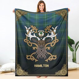 Scottish Hamilton Hunting Ancient Tartan Crest With Celtic Stag Premium Blanket - Tartan Plaid Blankets Scottish Plaid Tartan Plaid - ScotsTee - scotstee.com