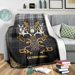 Scottish Glendinning Tartan Crest With Celtic Stag Premium Blanket - Tartan Plaid Blankets Scottish Plaid Tartan Plaid - ScotsTee - scotstee.com