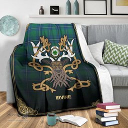 Scottish Irvine Ancient Tartan Crest With Celtic Stag Premium Blanket - Tartan Plaid Blankets Scottish Plaid Tartan Plaid - ScotsTee - scotstee.com
