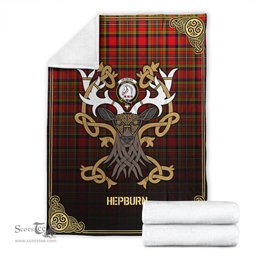 Scottish Hepburn Tartan Crest With Celtic Stag Premium Blanket - Tartan Plaid Blankets Scottish Plaid Tartan Plaid - ScotsTee - scotstee.com