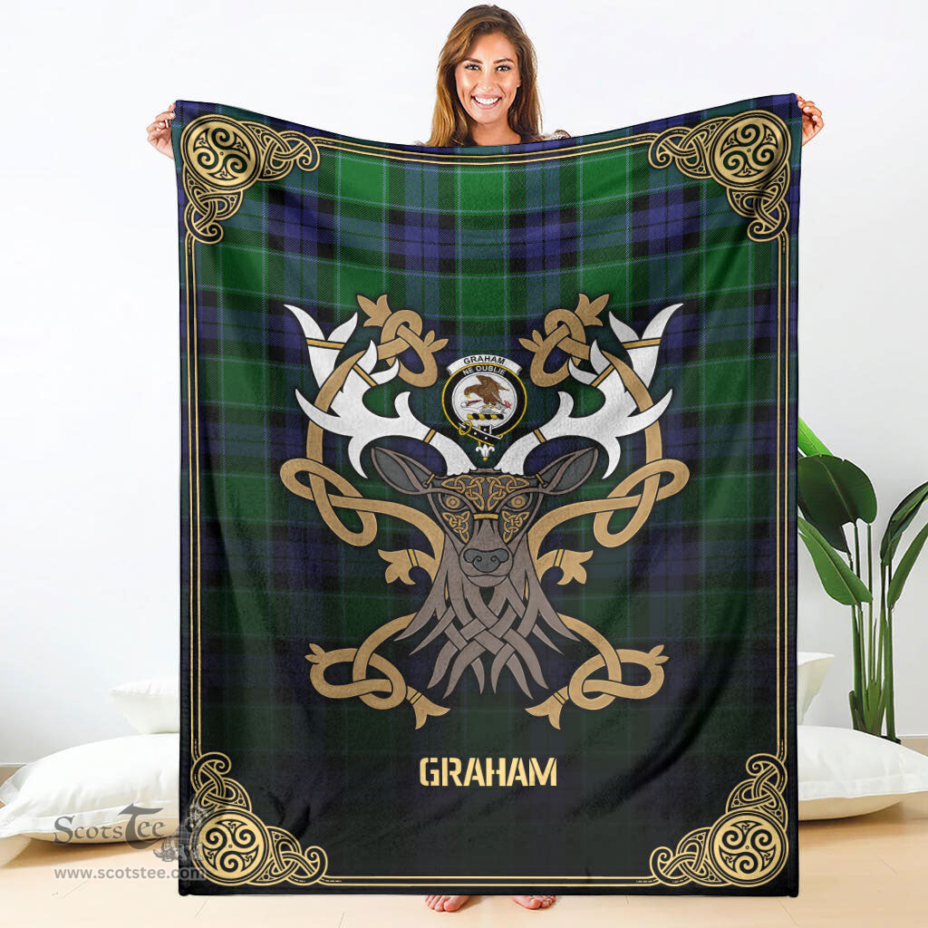 Scottish Graham of Menteith Modern Tartan Crest With Celtic Stag Premium Blanket - Tartan Plaid Blankets Scottish Plaid Tartan Plaid - ScotsTee - scotstee.com