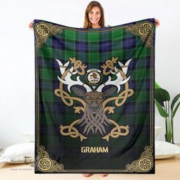 Scottish Graham of Menteith Modern Tartan Crest With Celtic Stag Premium Blanket - Tartan Plaid Blankets Scottish Plaid Tartan Plaid - ScotsTee - scotstee.com