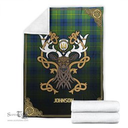 Scottish Johnson Ancient Tartan Crest With Celtic Stag Premium Blanket - Tartan Plaid Blankets Scottish Plaid Tartan Plaid - ScotsTee - scotstee.com
