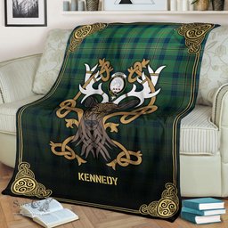 Scottish Kennedy Ancient Tartan Crest With Celtic Stag Premium Blanket - Tartan Plaid Blankets Scottish Plaid Tartan Plaid - ScotsTee - scotstee.com