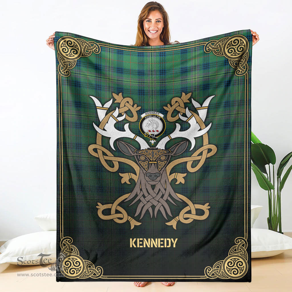 Scottish Kennedy Ancient Tartan Crest With Celtic Stag Premium Blanket - Tartan Plaid Blankets Scottish Plaid Tartan Plaid - ScotsTee - scotstee.com