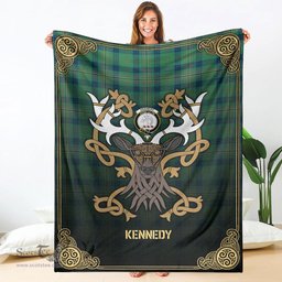 Scottish Kennedy Ancient Tartan Crest With Celtic Stag Premium Blanket - Tartan Plaid Blankets Scottish Plaid Tartan Plaid - ScotsTee - scotstee.com