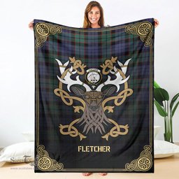 Scottish Fletcher Modern Tartan Crest With Celtic Stag Premium Blanket - Tartan Plaid Blankets Scottish Plaid Tartan Plaid - ScotsTee - scotstee.com
