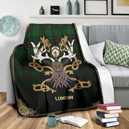 Scottish Lundin Tartan Crest With Celtic Stag Premium Blanket - Tartan Plaid Blankets Scottish Plaid Tartan Plaid - ScotsTee - scotstee.com