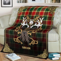 Scottish Gibson Tartan Crest With Celtic Stag Premium Blanket - Tartan Plaid Blankets Scottish Plaid Tartan Plaid - ScotsTee - scotstee.com