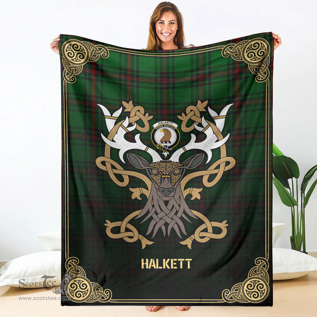 Scottish Halkett Tartan Crest With Celtic Stag Premium Blanket - Tartan Plaid Blankets Scottish Plaid Tartan Plaid - ScotsTee - scotstee.com