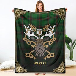 Scottish Halkett Tartan Crest With Celtic Stag Premium Blanket - Tartan Plaid Blankets Scottish Plaid Tartan Plaid - ScotsTee - scotstee.com