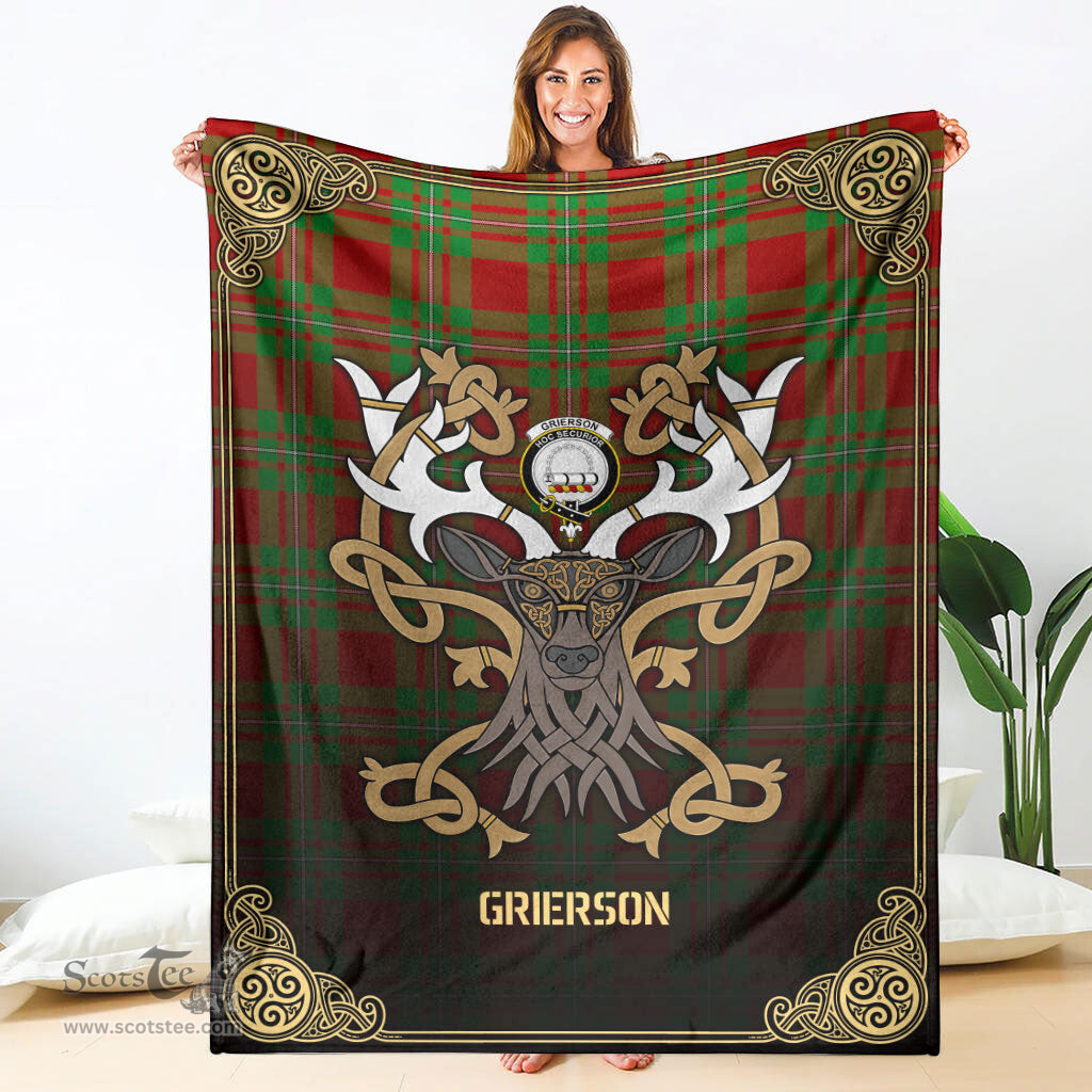 Scottish Grierson Tartan Crest With Celtic Stag Premium Blanket - Tartan Plaid Blankets Scottish Plaid Tartan Plaid - ScotsTee - scotstee.com