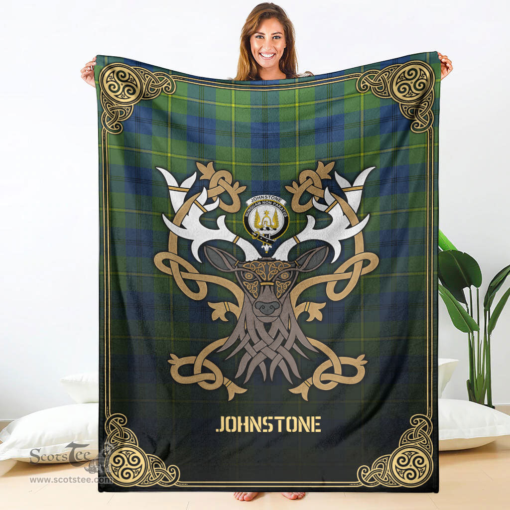 Scottish Johnstone Ancient Tartan Crest With Celtic Stag Premium Blanket - Tartan Plaid Blankets Scottish Plaid Tartan Plaid - ScotsTee - scotstee.com