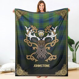 Scottish Johnstone Ancient Tartan Crest With Celtic Stag Premium Blanket - Tartan Plaid Blankets Scottish Plaid Tartan Plaid - ScotsTee - scotstee.com