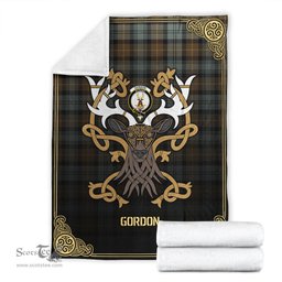 Scottish Gordon Weathered Tartan Crest With Celtic Stag Premium Blanket - Tartan Plaid Blankets Scottish Plaid Tartan Plaid - ScotsTee - scotstee.com