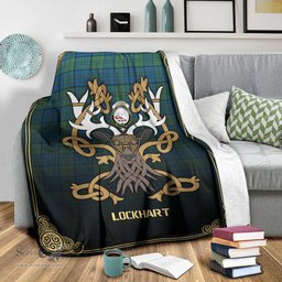 Scottish Lockhart Tartan Crest With Celtic Stag Premium Blanket - Tartan Plaid Blankets Scottish Plaid Tartan Plaid - ScotsTee - scotstee.com