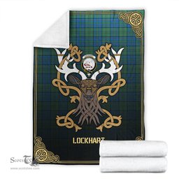Scottish Lockhart Tartan Crest With Celtic Stag Premium Blanket - Tartan Plaid Blankets Scottish Plaid Tartan Plaid - ScotsTee - scotstee.com