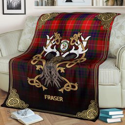 Scottish Fraser Tartan Crest With Celtic Stag Premium Blanket - Tartan Plaid Blankets Scottish Plaid Tartan Plaid - ScotsTee - scotstee.com