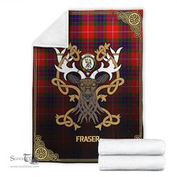 Scottish Fraser Tartan Crest With Celtic Stag Premium Blanket - Tartan Plaid Blankets Scottish Plaid Tartan Plaid - ScotsTee - scotstee.com