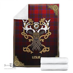 Scottish Leslie Modern Tartan Crest With Celtic Stag Premium Blanket - Tartan Plaid Blankets Scottish Plaid Tartan Plaid - ScotsTee - scotstee.com
