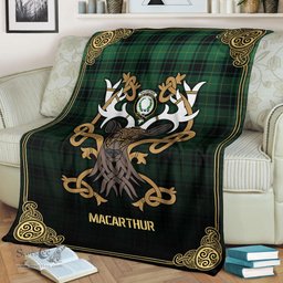 Scottish MacArthur Ancient Tartan Crest With Celtic Stag Premium Blanket - Tartan Plaid Blankets Scottish Plaid Tartan Plaid - ScotsTee - scotstee.com