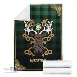 Scottish MacArthur Ancient Tartan Crest With Celtic Stag Premium Blanket - Tartan Plaid Blankets Scottish Plaid Tartan Plaid - ScotsTee - scotstee.com