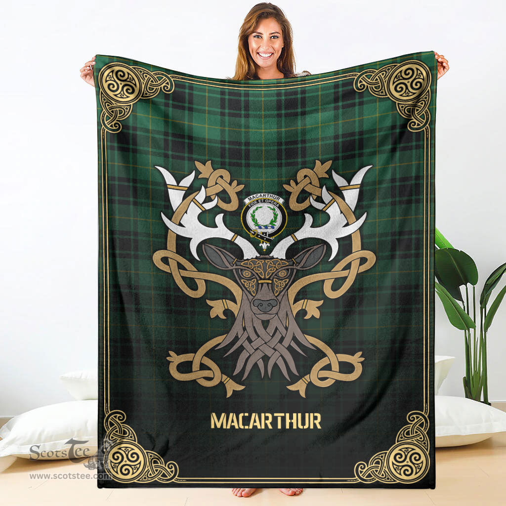 Scottish MacArthur Ancient Tartan Crest With Celtic Stag Premium Blanket - Tartan Plaid Blankets Scottish Plaid Tartan Plaid - ScotsTee - scotstee.com