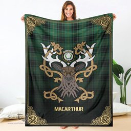 Scottish MacArthur Ancient Tartan Crest With Celtic Stag Premium Blanket - Tartan Plaid Blankets Scottish Plaid Tartan Plaid - ScotsTee - scotstee.com