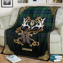 Scottish Graham of Menteith Ancient Tartan Crest With Celtic Stag Premium Blanket - Tartan Plaid Blankets Scottish Plaid Tartan Plaid - ScotsTee - scotstee.com