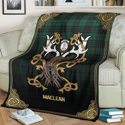 Scottish MacLean Hunting Ancient Tartan Crest With Celtic Stag Premium Blanket - Tartan Plaid Blankets Scottish Plaid Tartan Plaid - ScotsTee - scotstee.com