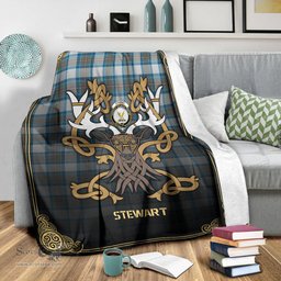 Scottish Stewart Muted Blue Tartan Crest With Celtic Stag Premium Blanket - Tartan Plaid Blankets Scottish Plaid Tartan Plaid - ScotsTee - scotstee.com