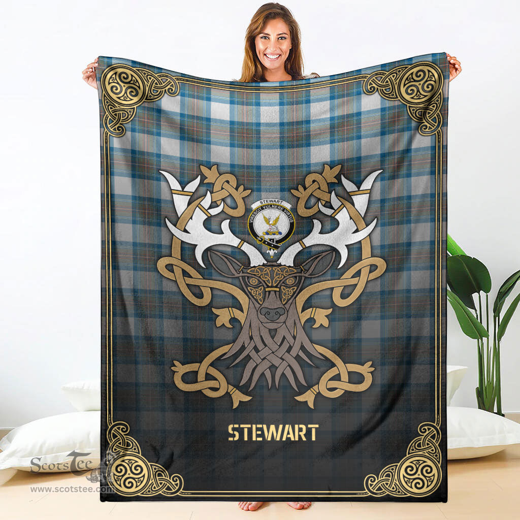 Scottish Stewart Muted Blue Tartan Crest With Celtic Stag Premium Blanket - Tartan Plaid Blankets Scottish Plaid Tartan Plaid - ScotsTee - scotstee.com