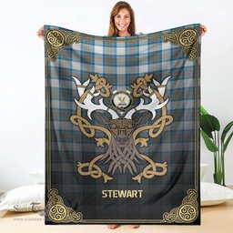 Scottish Stewart Muted Blue Tartan Crest With Celtic Stag Premium Blanket - Tartan Plaid Blankets Scottish Plaid Tartan Plaid - ScotsTee - scotstee.com