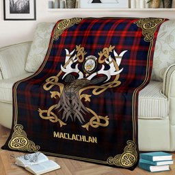 Scottish MacLachlan Modern Tartan Crest With Celtic Stag Premium Blanket - Tartan Plaid Blankets Scottish Plaid Tartan Plaid - ScotsTee - scotstee.com