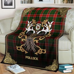 Scottish Pollock Tartan Crest With Celtic Stag Premium Blanket - Tartan Plaid Blankets Scottish Plaid Tartan Plaid - ScotsTee - scotstee.com