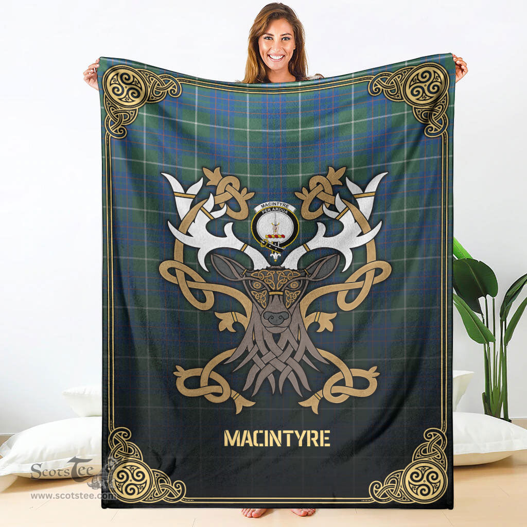 Scottish MacIntyre Hunting Ancient Tartan Crest With Celtic Stag Premium Blanket - Tartan Plaid Blankets Scottish Plaid Tartan Plaid - ScotsTee - scotstee.com