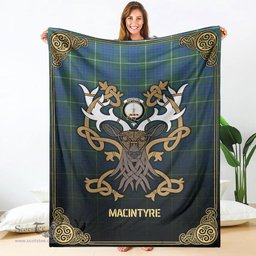 Scottish MacIntyre Hunting Ancient Tartan Crest With Celtic Stag Premium Blanket - Tartan Plaid Blankets Scottish Plaid Tartan Plaid - ScotsTee - scotstee.com