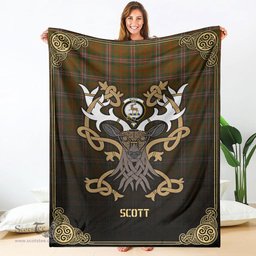 Scottish Scott Brown Modern Tartan Crest With Celtic Stag Premium Blanket - Tartan Plaid Blankets Scottish Plaid Tartan Plaid - ScotsTee - scotstee.com