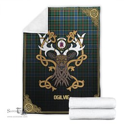 Scottish Ogilvie Hunting Ancient Tartan Crest With Celtic Stag Premium Blanket - Tartan Plaid Blankets Scottish Plaid Tartan Plaid - ScotsTee - scotstee.com