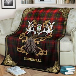 Scottish Somerville Tartan Crest With Celtic Stag Premium Blanket - Tartan Plaid Blankets Scottish Plaid Tartan Plaid - ScotsTee - scotstee.com