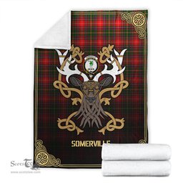 Scottish Somerville Tartan Crest With Celtic Stag Premium Blanket - Tartan Plaid Blankets Scottish Plaid Tartan Plaid - ScotsTee - scotstee.com