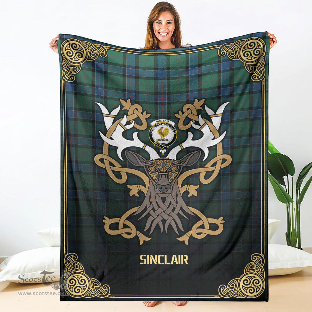 Scottish Sinclair Hunting Ancient Tartan Crest With Celtic Stag Premium Blanket - Tartan Plaid Blankets Scottish Plaid Tartan Plaid - ScotsTee - scotstee.com