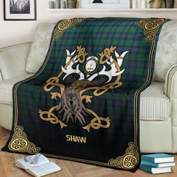 Scottish Shaw Ancient Tartan Crest With Celtic Stag Premium Blanket - Tartan Plaid Blankets Scottish Plaid Tartan Plaid - ScotsTee - scotstee.com